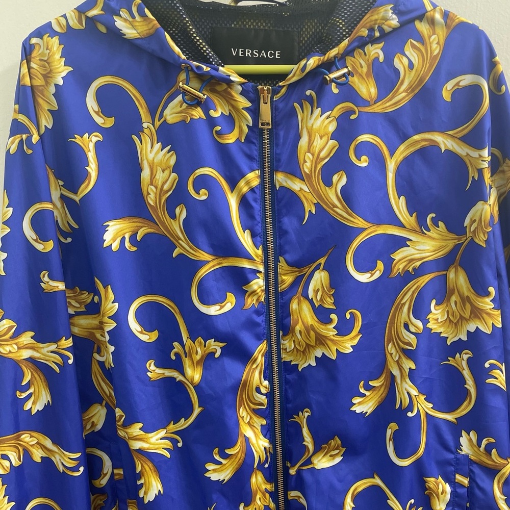 Versace Men's Blue Gold BAROQUE Hooded Bomber
